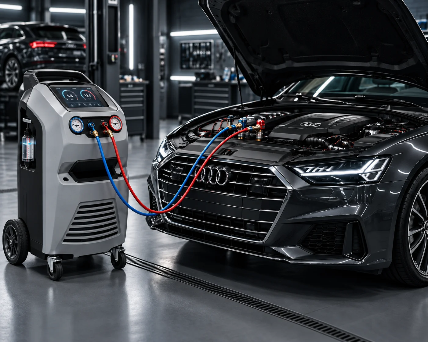 Заправка кондиционера Audi: выбранная сервисная станция, шланги подключены в моторном отсеке